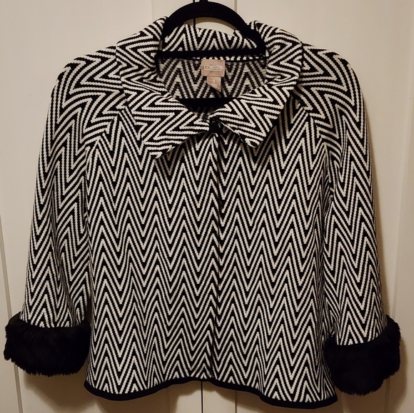 Chico’s Size 1 Black & White Striped Open Front Jacket - Picture 1 of 7